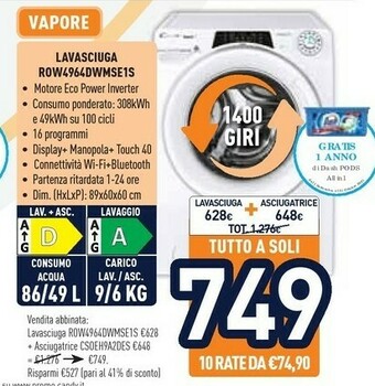 Unieuro Candy RapidÓ ROW4964DWMSE/1-S Lavasciuga Libera Installazione Caricamento Frontale Bianco D offerta