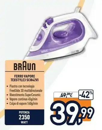 Unieuro Braun TexStyle 3 SI 3042 Ferro Da Stiro A Secco E A Vapore Ceramic Ultra Glide Soleplate 2350 W Porpora offerta