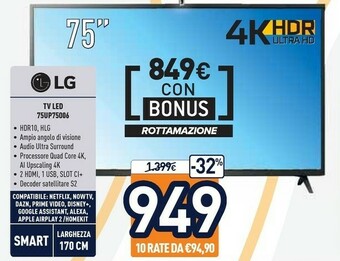 Unieuro LG 75UP75006LC TV 190,5 Cm (75") 4K Ultra HD Smart TV Wi-Fi Nero offerta