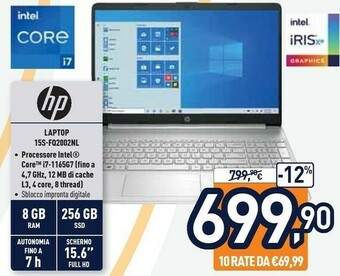 Unieuro HP 15s-fq2002nl Computer Portatile 39,6 Cm (15.6") Full HD Intel® Core™ I7 Di Undicesima Generazione 8 GB DDR4-SDRAM 256 GB S offerta