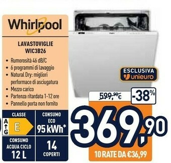 Unieuro Whirlpool WIC 3B26 Lavastoviglie A Scomparsa Totale 14 Coperti E offerta