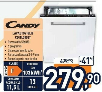 Unieuro Candy CDI 1L38-02/T Lavastoviglie A Scomparsa Totale 13 Coperti F offerta