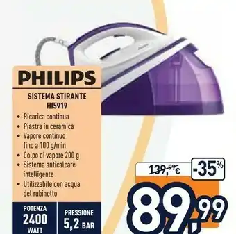 Unieuro Philips HI5919/31 Ferro Da Stiro Ferro A Vapore Ceramica 2400 W Viola, Bianco offerta