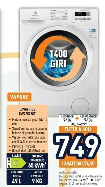 Unieuro Electrolux EW7F592ST Lavatrice Libera Installazione Caricamento Frontale Bianco 9 Kg 1400 Giri/min A+++ offerta