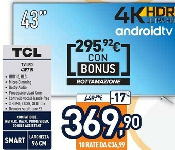 Unieuro TCL 43P715 TV 109,2 Cm (43") 4K Ultra HD Smart TV Wi-Fi Argento offerta