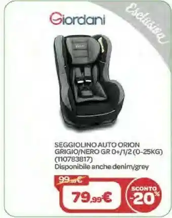 Bimbo Store Giordani Seggiolino Auto Orion Grigio/ Nero Gr 0+/1/2 (0-25kg) offerta