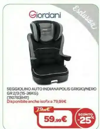 Bimbo Store Giordani Seggiolino Auto Indianapolis Grigio/ Nero Gr 2/3 (15-36kg) offerta