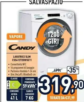 Unieuro Candy Smart CSS41272DWSE-11 Lavatrice Libera Installazione Caricamento Frontale 7 Kg 1200 Giri/min C Bianco offerta