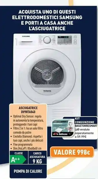 Unieuro Samsung DV90TA040TH Asciugatrice Libera Installazione Caricamento Frontale Bianco 9 Kg A++ offerta
