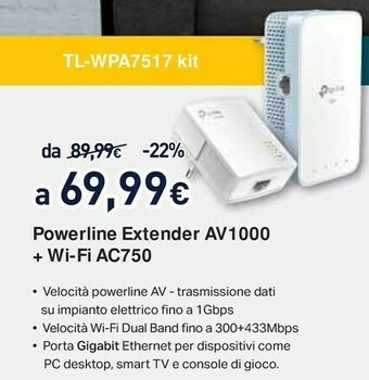 Unieuro TP-LINK TL-WPA7517 KIT Adattatore Di Rete PowerLine 1000 Mbit/s Collegamento Ethernet LAN Wi-Fi Bianco offerta