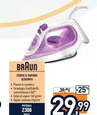 Unieuro Braun TexStyle 3 SI 3030 Ferro Da Stiro A Secco E A Vapore Ceramic Ultra Glide Soleplate 2300 W Rosa offerta