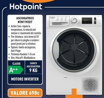 Unieuro Hotpoint NT M11 92E IT Asciugatrice Libera Installazione Caricamento Frontale 9 Kg A++ Bianco offerta