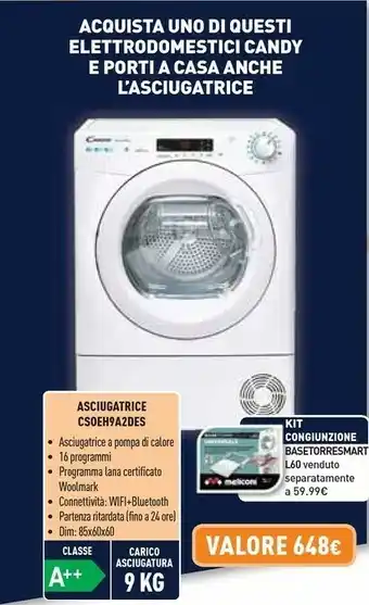Unieuro Candy CSOE H9A2DE-S Asciugatrice Libera Installazione Caricamento Frontale 9 Kg A++ Bianco offerta