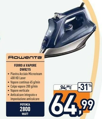 Unieuro Rowenta DW8215 PRO Master Ferro Da Stiro A Vapore Con Funzione Anticalcare, Erogazione Continua Da 45 G/min, Potenza 2800 W,  offerta