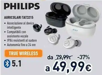Unieuro Philips 3000 Series TAT3215WT/00 Cuffia E Auricolare Bluetooth Bianco offerta