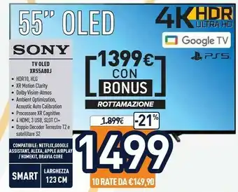 Unieuro Sony XR55A80J TV 139,7 Cm (55") 4K Ultra HD Smart TV Wi-Fi Nero offerta