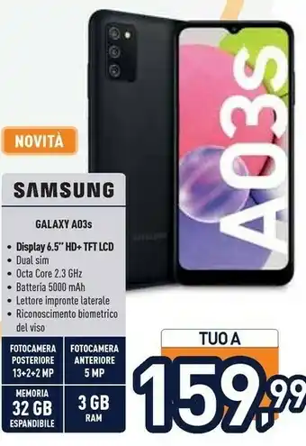 Unieuro Samsung Galaxy A03s 5.000mAh Display 6.5” HD+ TFT LCD 32GB Black offerta