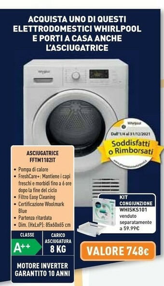 Unieuro Whirlpool FFT M11 82 IT Asciugatrice Libera Installazione Caricamento Frontale 8 Kg A++ Bianco offerta