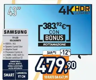 Unieuro Samsung Series 8 UE43AU8070 109,2 Cm (43") 4K Ultra HD Smart TV Wi-Fi Nero offerta