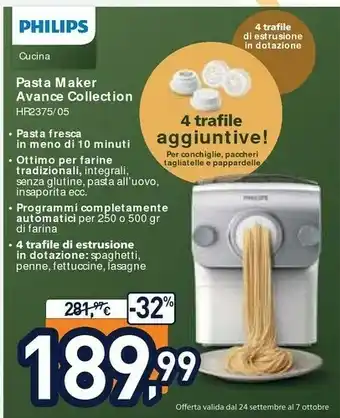 Unieuro Philips Avance Collection Pasta Maker HR2375/05, Macchina Per Pasta Fresca Automatica offerta