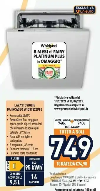 Unieuro Whirlpool WIO 3T226 PFG Lavastoviglie A Scomparsa Totale 14 Coperti E offerta