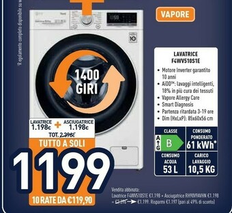 Unieuro LG F4WV510S1E Lavatrice Intelligente AIDD 10,5kg Vapore TurboWash 1400 Giri/min Carica Frontale Classe B offerta