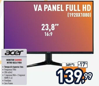 Unieuro Acer Monitor Gaming Nitro QG241YBII offerta