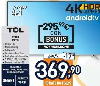 Unieuro TCL 43P715 TV 109,2 Cm (43") 4K Ultra HD Smart TV Wi-Fi Argento offerta
