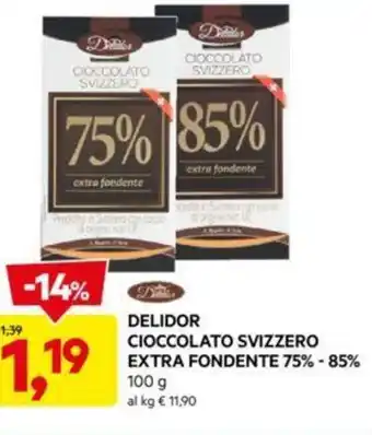 DPiù DELIDOR CIOCCOLATO SVIZZERO EXTRA FONDENTE 75%-85% 100 g offerta
