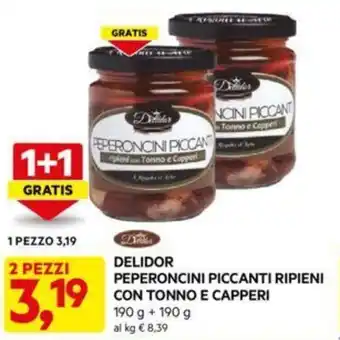 DPiù DELIDOR PEPERONCINI PICCANTI RIPIENI CON TONNO E CAPPERI 190 g + 190 g offerta