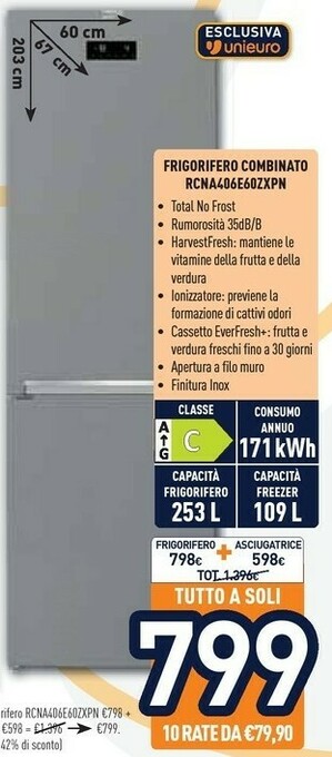 Unieuro Beko RCNA406E60ZXPN Frigorifero Con Congelatore Libera Installazione 362 L C Argento, Acciaio Inossidabile offerta