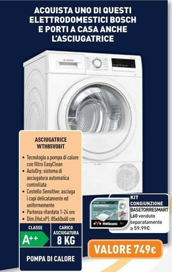 Unieuro Bosch Serie 4 WTH85V08IT Asciugatrice Libera Installazione Caricamento Frontale Bianco 8 Kg A++ offerta