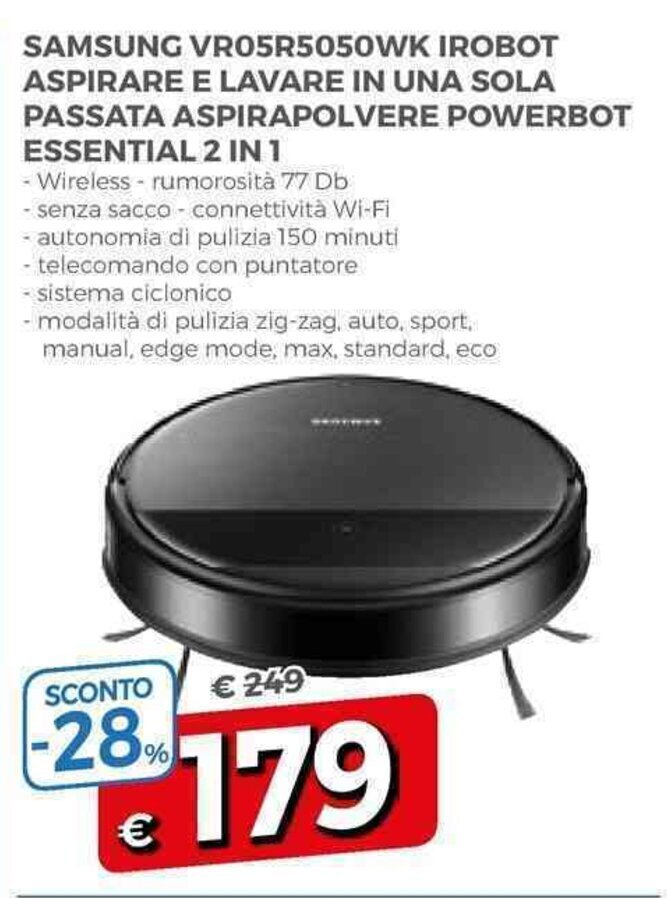 Samsung VR05R5050WK Irobot Aspirare e Lavare in una Sola Passata  Aspirapolvere Powerbot Essential 2 in 1 offerta di A\u0026O