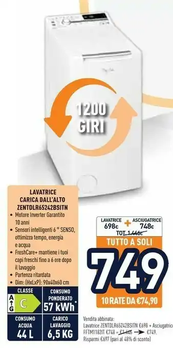 Unieuro Whirlpool ZEN TDLR 65242BS IT/N Lavatrice Libera Installazione Caricamento Dall'alto 6,5 Kg 1200 Giri/min C Bianco offerta