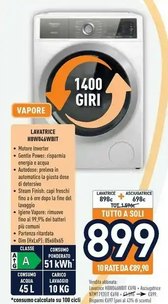 Unieuro Hotpoint H8 W046WB IT Lavatrice Libera Installazione Caricamento Frontale 10 Kg 1350 Giri/min A Bianco offerta