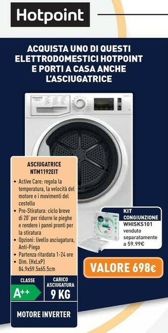 Unieuro Hotpoint NT M11 92E IT Asciugatrice Libera Installazione Caricamento Frontale 9 Kg A++ Bianco offerta