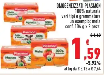 Conad OMOGENEIZZATI PLASMON 100% naturale vari tipi e grammature un esempio: mela conf. 104 g x 2 pezzi offerta