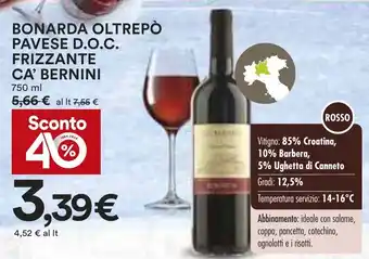 Coop BONARDA OLTREPÒ PAVESE D.O.C. FRIZZANTE CA' BERNINI 750 ml offerta