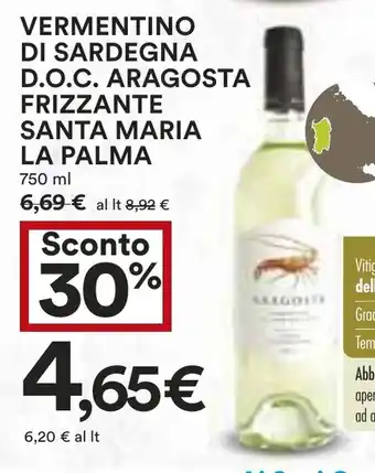 Coop VERMENTINO DI SARDEGNA D.O.C. ARAGOSTA FRIZZANTE SANTA MARIA LA PALMA 750 ml offerta