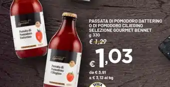 Bennet PASSATA DI POMODORO DATTERINO O DI POMODORO CILIEGINO SELEZIONE GOURMET BENNET g 330 offerta