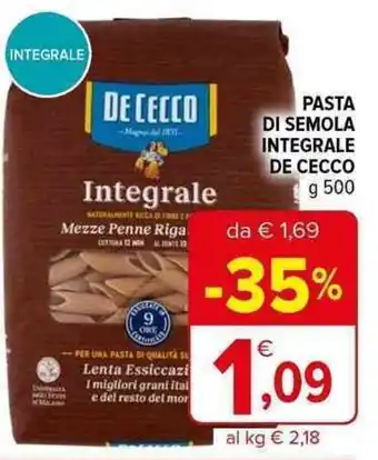 Iperal PASTA DI SEMOLA INTEGRALE DE CECCO g 500 offerta