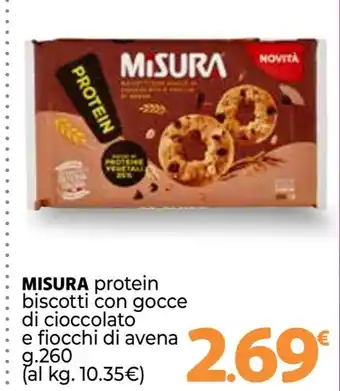 Supermercati Dok MISURA protein biscotti con gocce di cioccolato e fiocchi di avena g.260 offerta