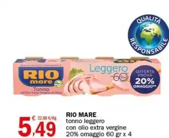 Crai RIO MARE tonno leggero con olio extra vergine 20% omaggio 60 gr x 4 offerta