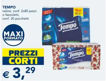 Esselunga TEMPO veline, conf. 2x80 pezzi o fazzoletti, o fazzoletti offerta