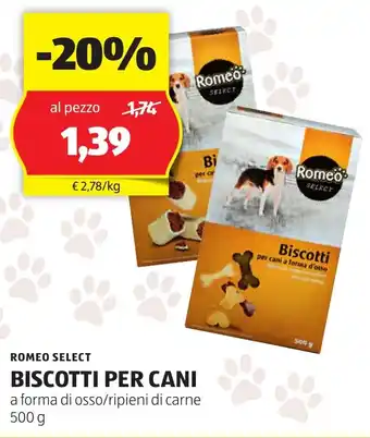 ALDI ROMEO SELECT BISCOTTI PER CANI a forma di osso/ripieni di carne 500 g offerta