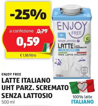 ALDI ENJOY FREE LATTE ITALIANO UHT PARZ. SCREMATO SENZA LATTOSIO 500ml offerta