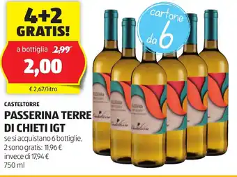 ALDI CASTELTORRE PASSERINA TERRE DI CHIETI IGT se si acquistano 6 bottiglie, 750 ml offerta