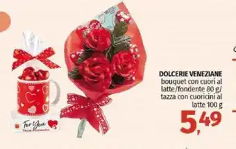 DOLCERIE VENEZIANE bouquet con cuori al latte/fondente 80 g/ tazza con cuoricini al latte 100 g