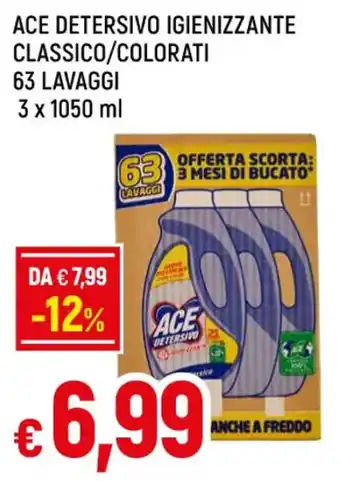 Famila ACE DETERSIVO IGIENIZZANTE CLASSICO/COLORATI 63 LAVAGGI 3 x 1050 ml offerta