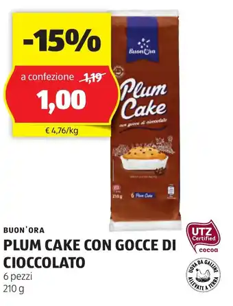ALDI BUON'ORA PLUM CAKE CON GOCCE DI CIOCCOLATO 6 pezzi 210 g offerta